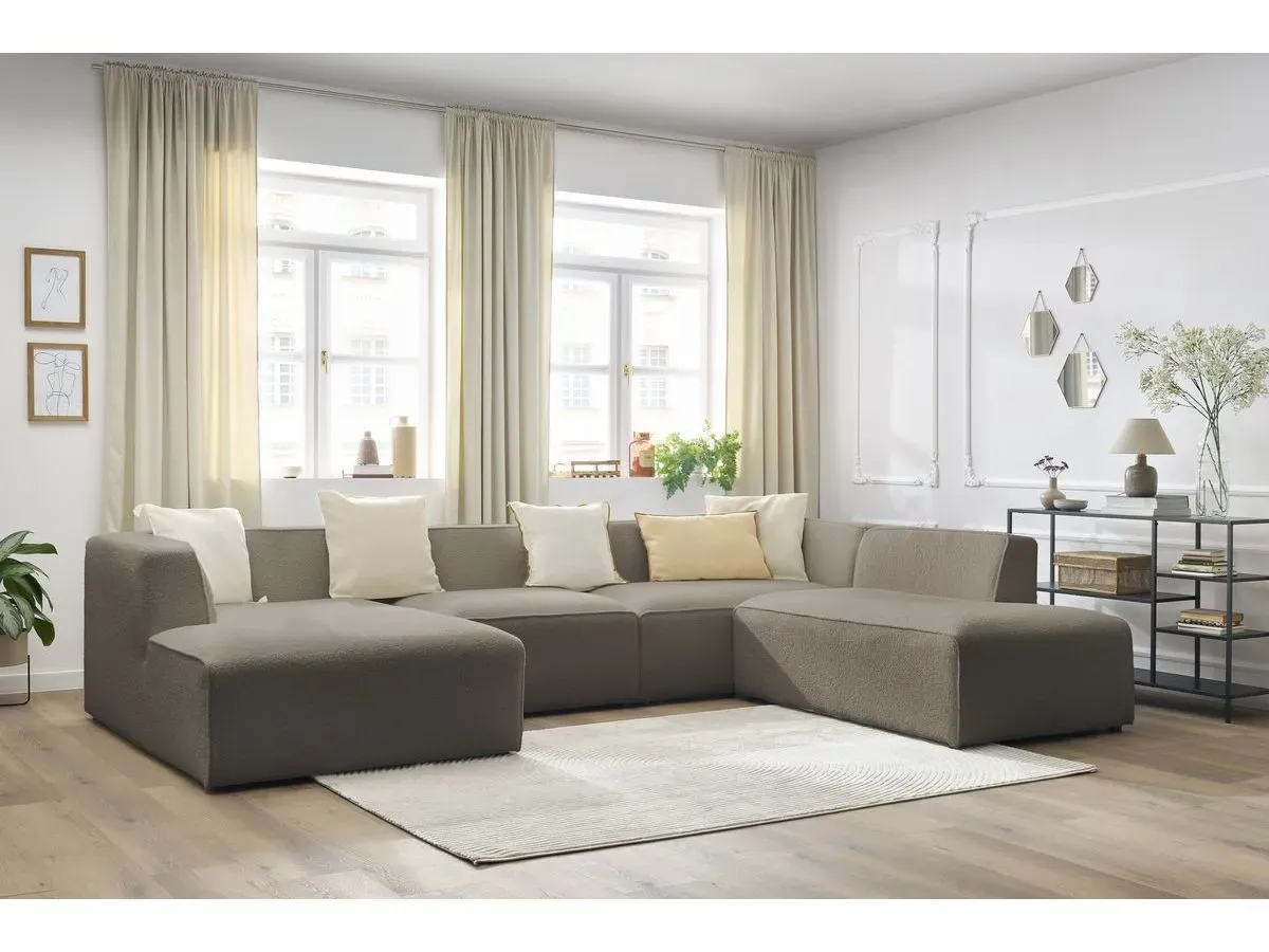 Canapé panoramique fixe MEGEVE tissu bouclette marron  angle gauche BOBOCHIC 5 places