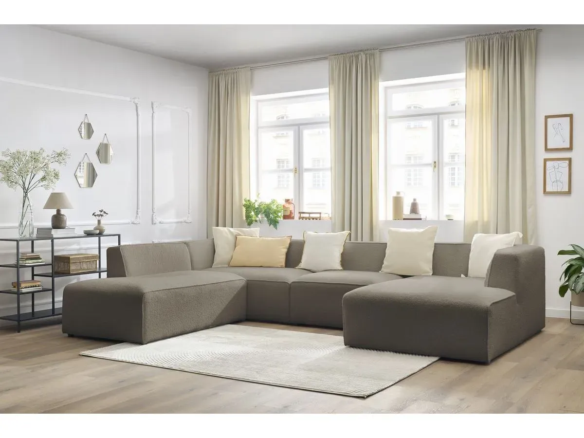 Canapé panoramique fixe MEGEVE tissu bouclette marron  angle droit BOBOCHIC 5 places