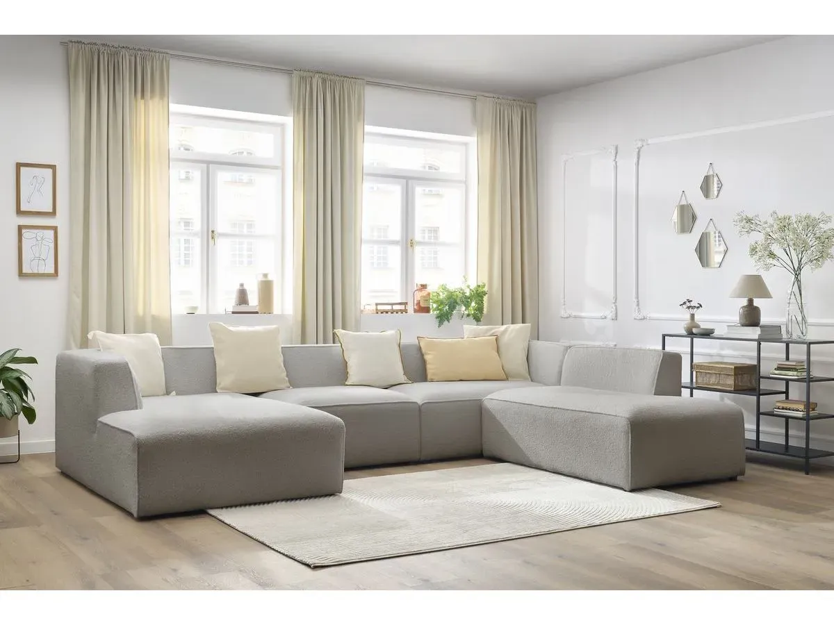 Canapé panoramique fixe MEGEVE tissu bouclette gris clair  angle gauche BOBOCHIC 5 places