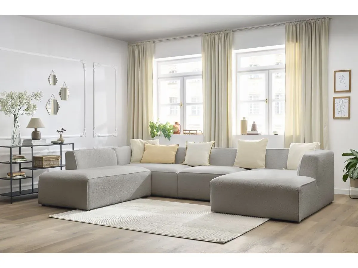 Canapé panoramique fixe MEGEVE tissu bouclette gris clair  angle droit BOBOCHIC 5 places