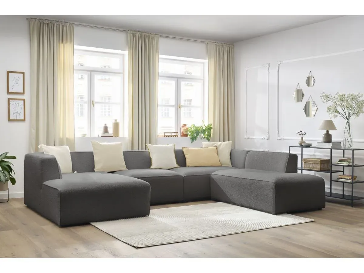 Canapé panoramique fixe MEGEVE tissu bouclette gris foncé  angle gauche BOBOCHIC 5 places