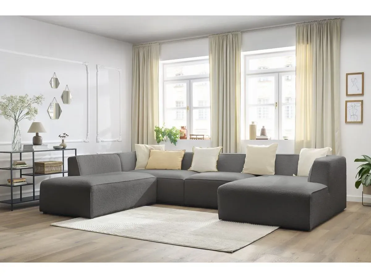 Canapé panoramique fixe MEGEVE tissu bouclette gris foncé  angle droit BOBOCHIC 5 places