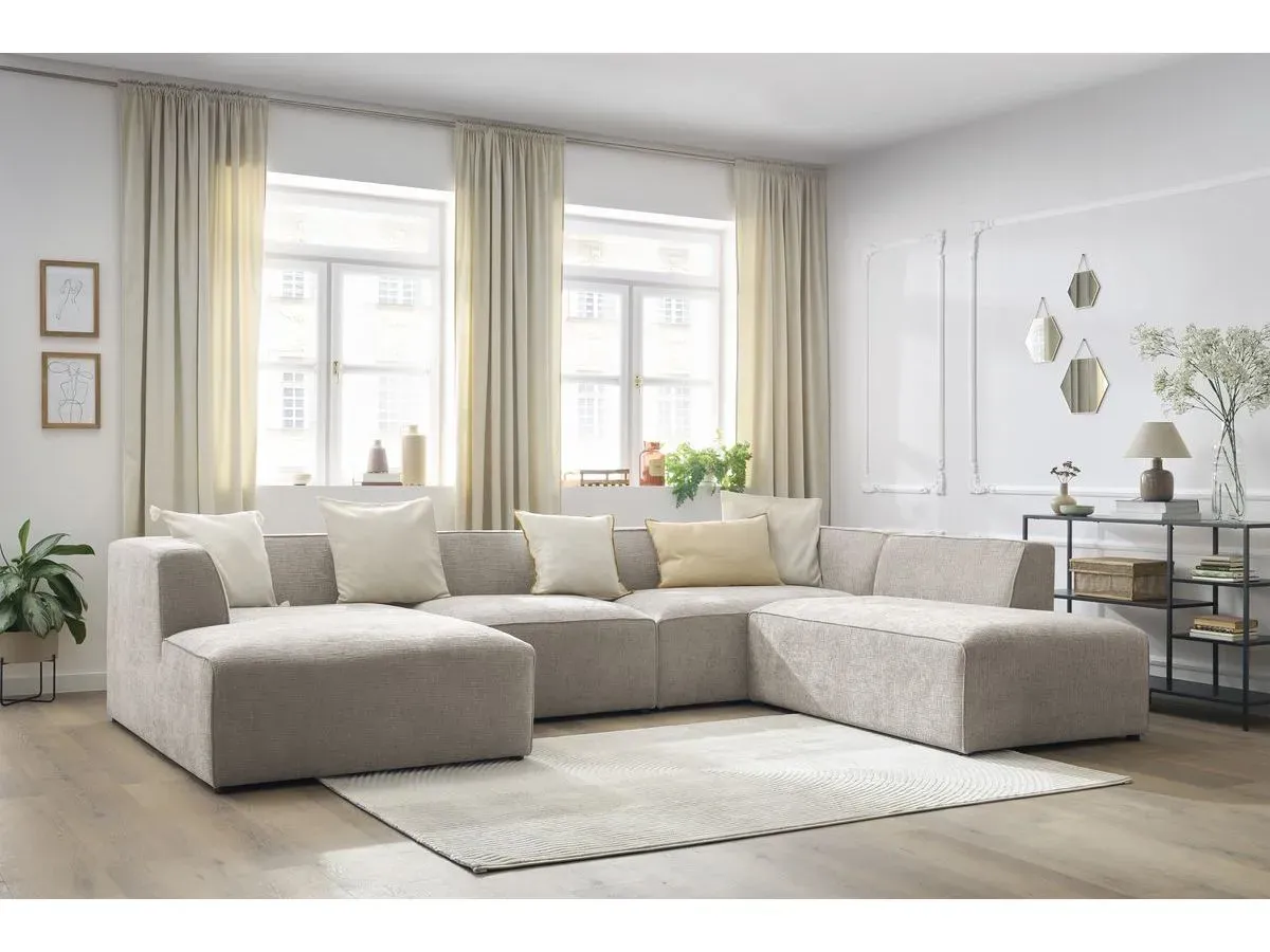 Canapé panoramique fixe MEGEVE tissu texturé beige  angle gauche BOBOCHIC 5 places
