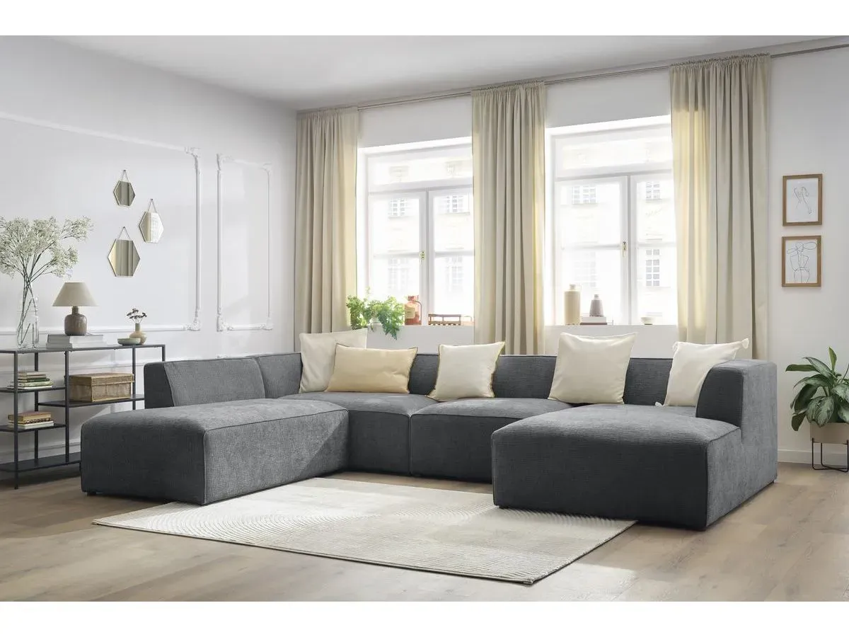 Canapé panoramique fixe MEGEVE tissu texturé gris foncé  angle droit BOBOCHIC 5 places