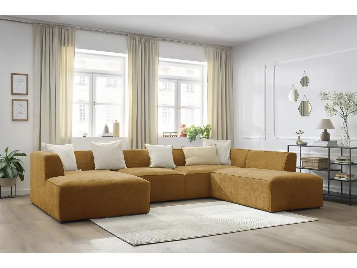 Canapé panoramique fixe MEGEVE tissu texturé jaune  angle gauche BOBOCHIC 5 places