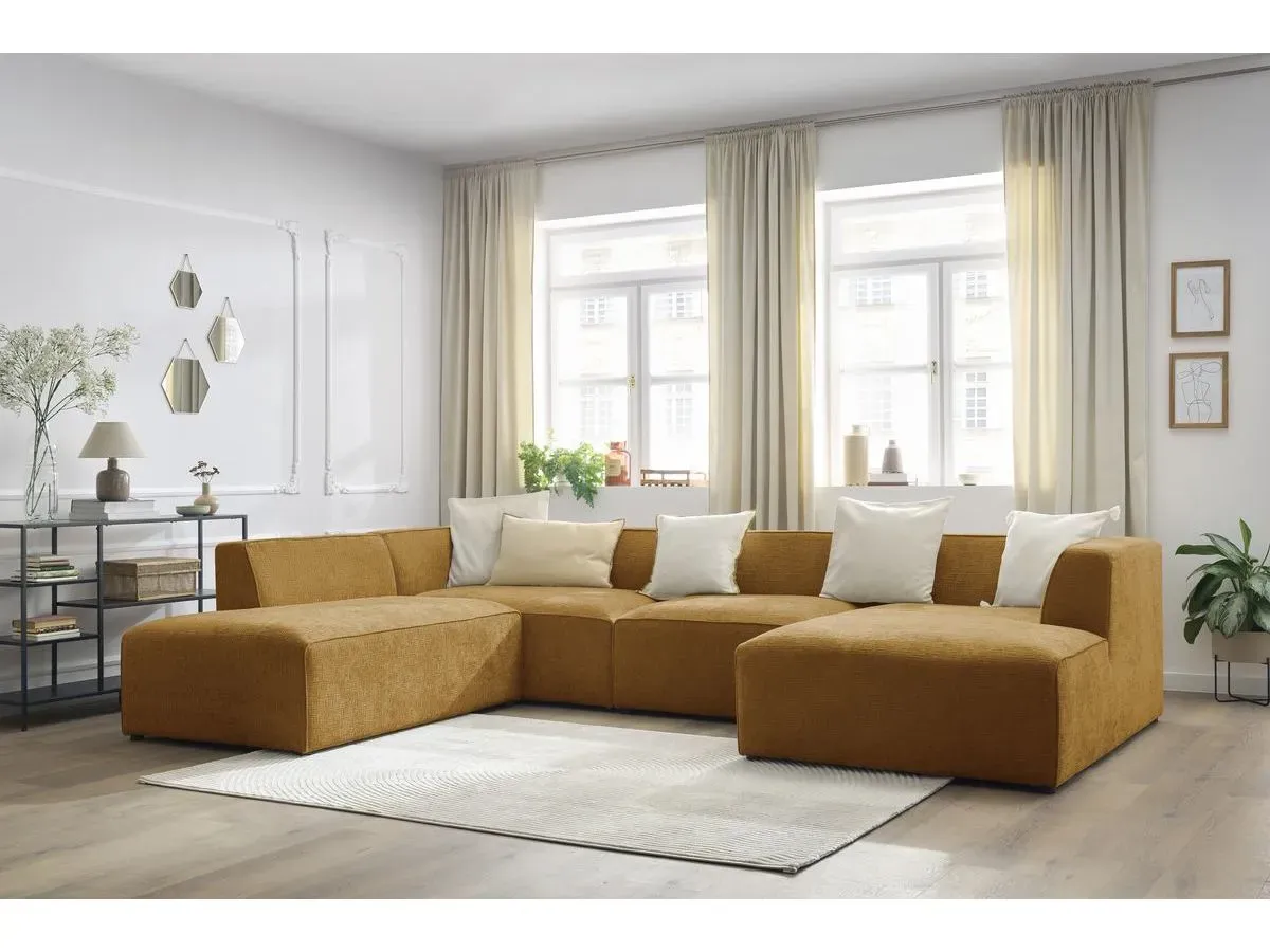 Canapé panoramique fixe MEGEVE tissu texturé jaune  angle droit BOBOCHIC 5 places