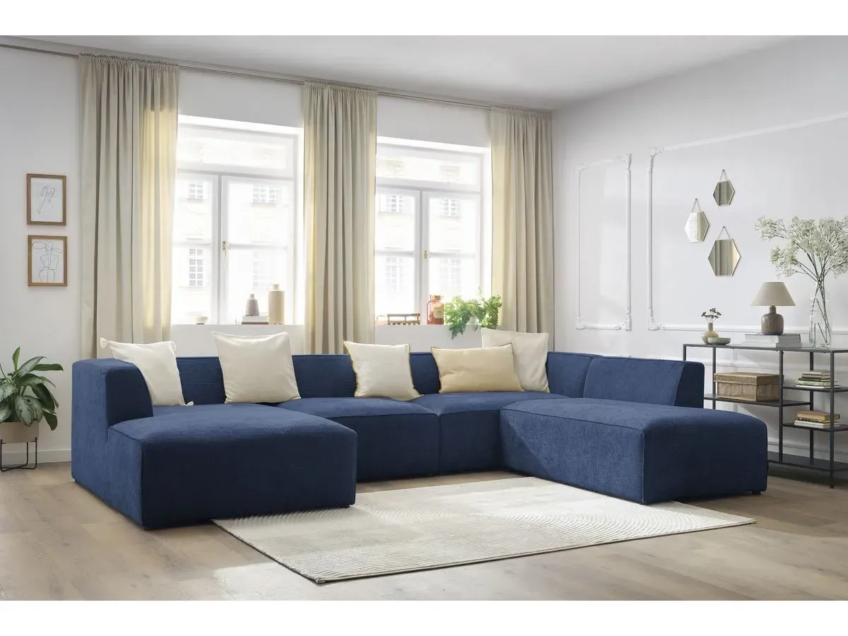 Canapé panoramique fixe MEGEVE tissu texturé bleu foncé  angle gauche BOBOCHIC 5 places