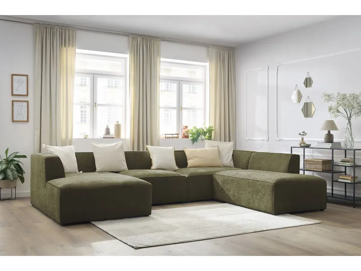 Canapé panoramique fixe MEGEVE tissu texturé vert  angle gauche BOBOCHIC 5 places