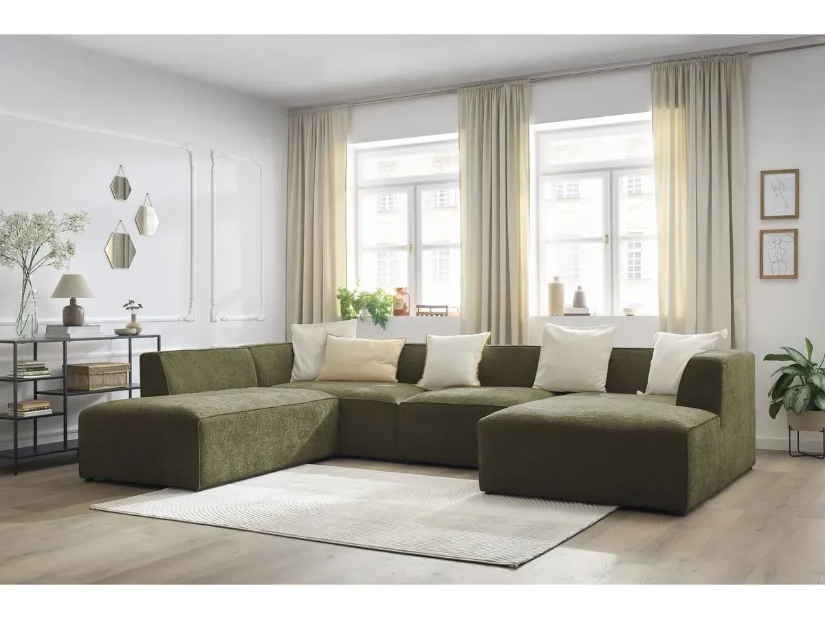 Canapé panoramique fixe MEGEVE tissu texturé vert  angle droit BOBOCHIC 5 places