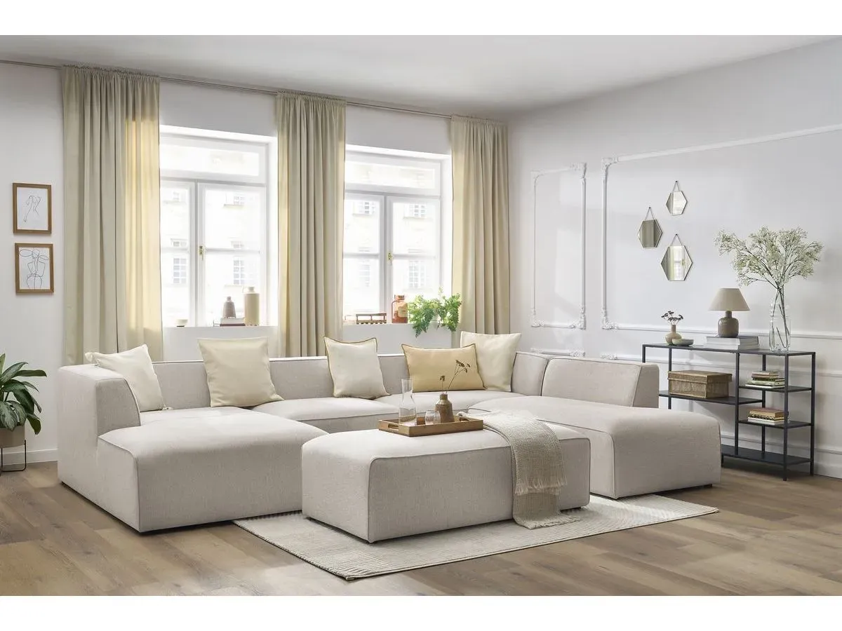 Canapé panoramique fixe MEGEVE avec pouf tissu chiné beige  angle gauche BOBOCHIC 6 places