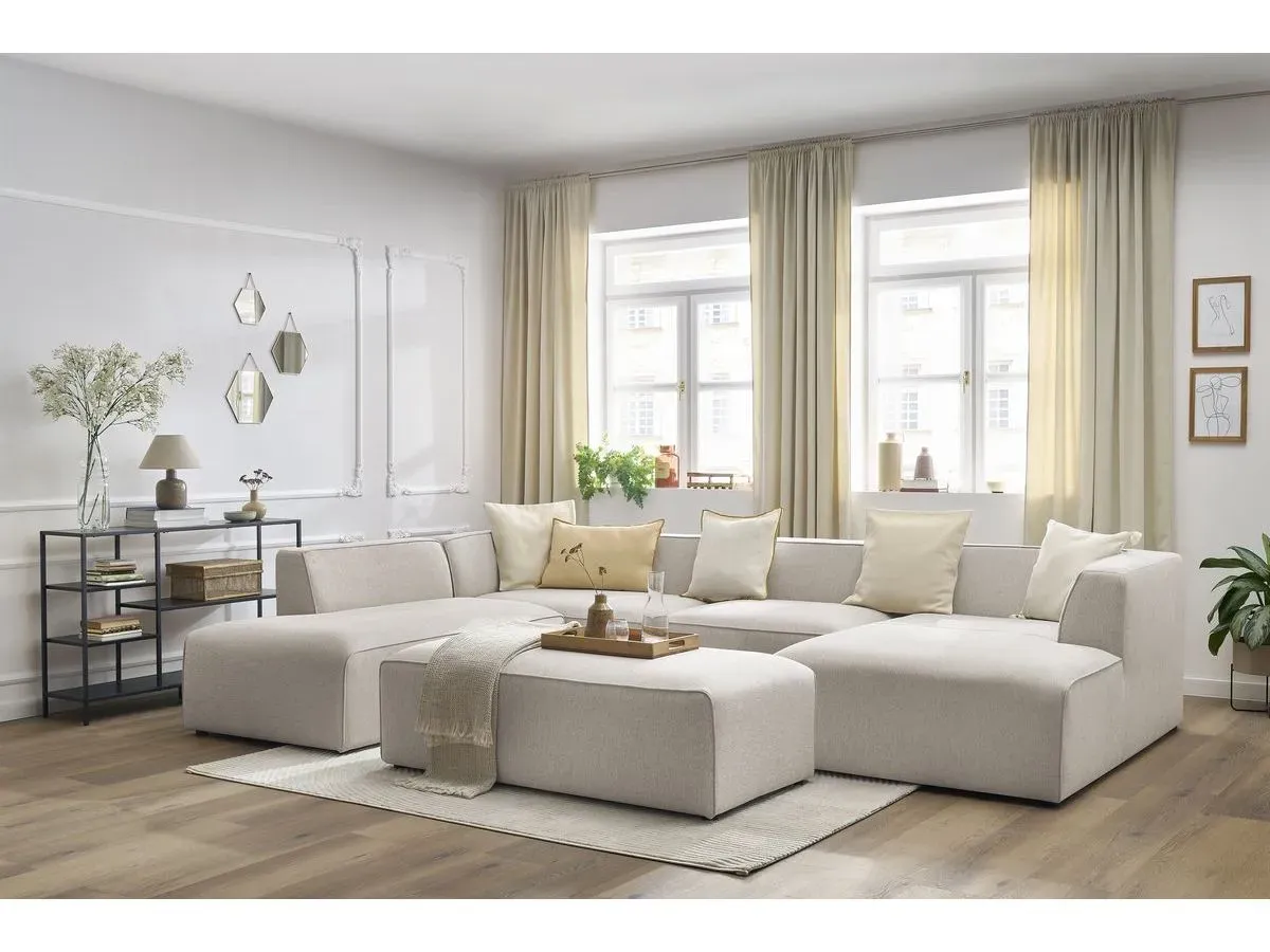 Canapé panoramique fixe MEGEVE avec pouf tissu chiné beige  angle droit BOBOCHIC 6 places