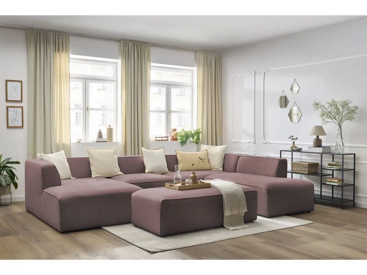 Canapé panoramique fixe MEGEVE avec pouf tissu chiné rose  angle gauche BOBOCHIC 6 places