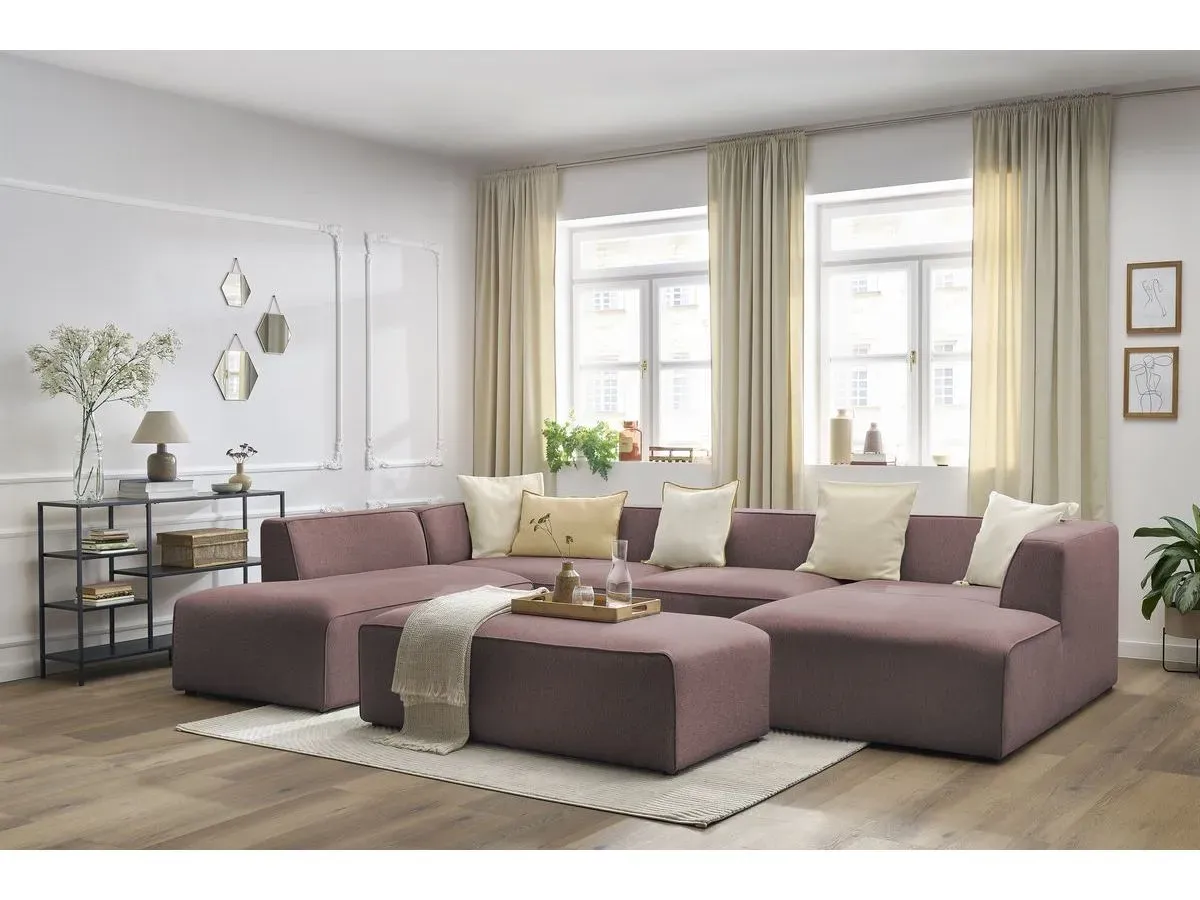 Canapé panoramique fixe MEGEVE avec pouf tissu chiné rose  angle droit BOBOCHIC 6 places