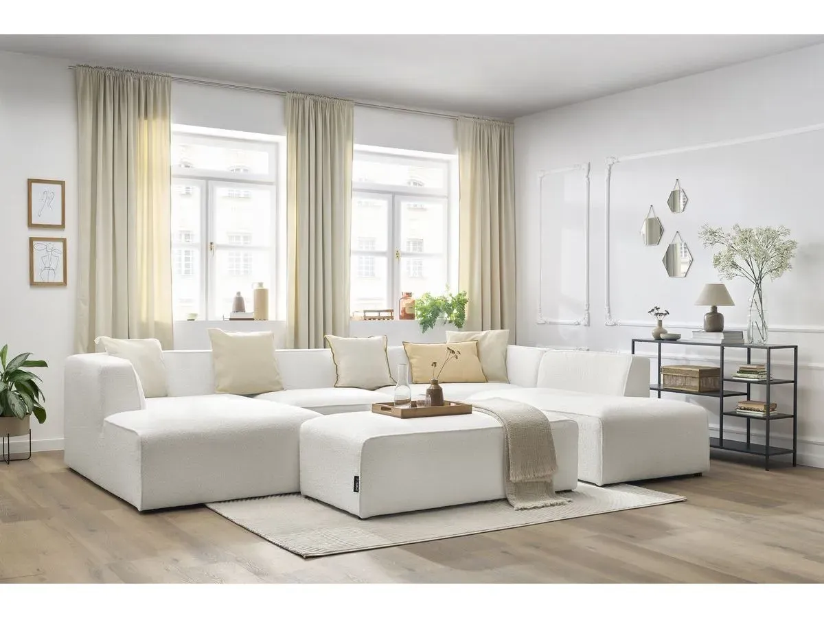 Canapé panoramique fixe MEGEVE avec pouf tissu bouclette blanc  angle gauche BOBOCHIC 6 places