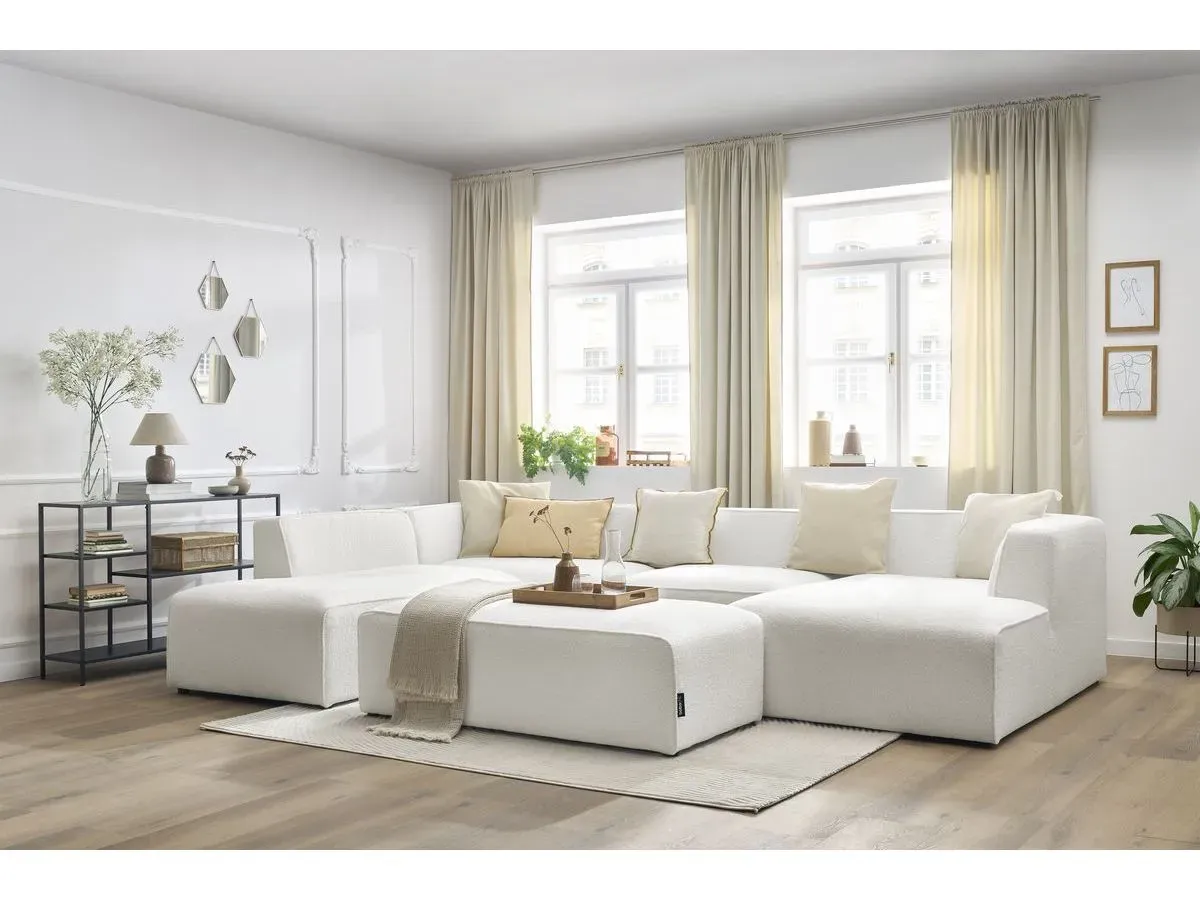 Canapé panoramique fixe MEGEVE avec pouf tissu bouclette blanc  angle droit BOBOCHIC 6 places