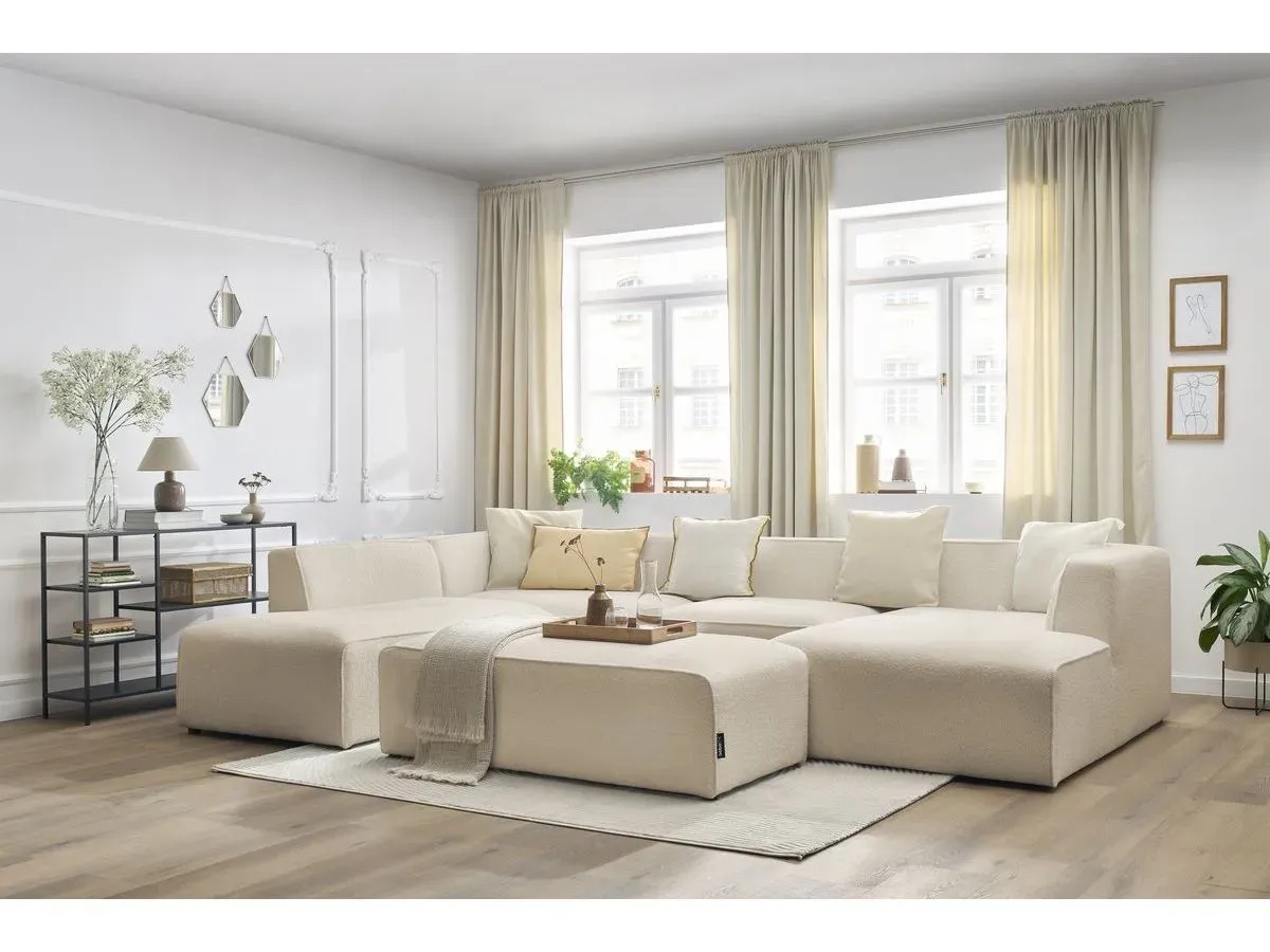 Canapé panoramique fixe MEGEVE avec pouf tissu bouclette beige  angle droit BOBOCHIC 6 places