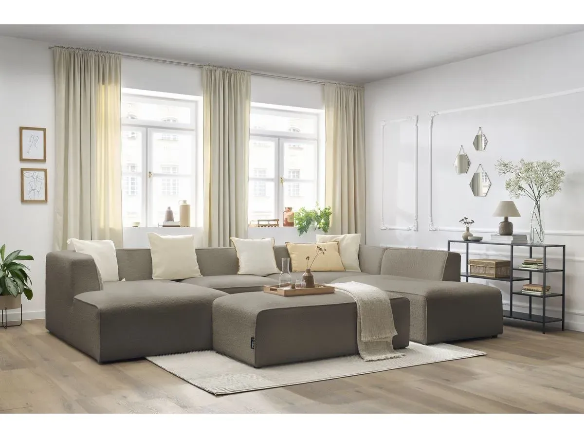 Canapé panoramique fixe MEGEVE avec pouf tissu bouclette marron  angle gauche BOBOCHIC 6 places