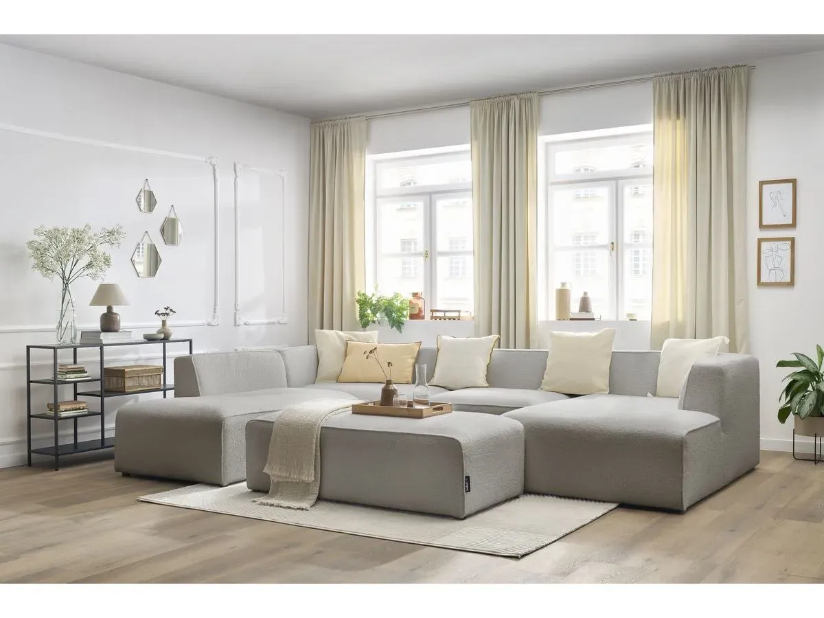 Canapé panoramique fixe MEGEVE avec pouf tissu bouclette gris clair  angle droit BOBOCHIC 6 places