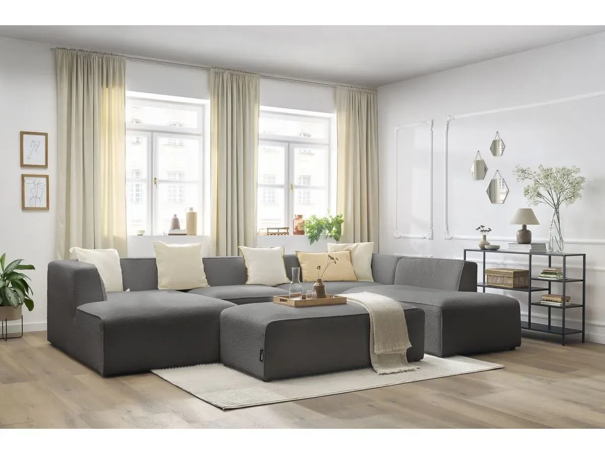 Canapé panoramique fixe MEGEVE avec pouf tissu bouclette gris foncé  angle gauche BOBOCHIC 6 places