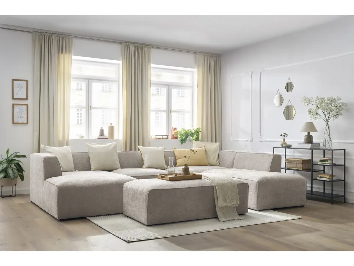 Canapé panoramique fixe MEGEVE avec pouf tissu texturé beige  angle gauche BOBOCHIC 6 places