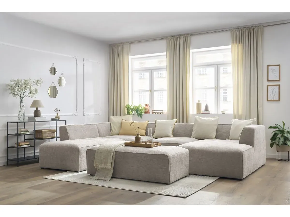 Canapé panoramique fixe MEGEVE avec pouf tissu texturé beige  angle droit BOBOCHIC 6 places