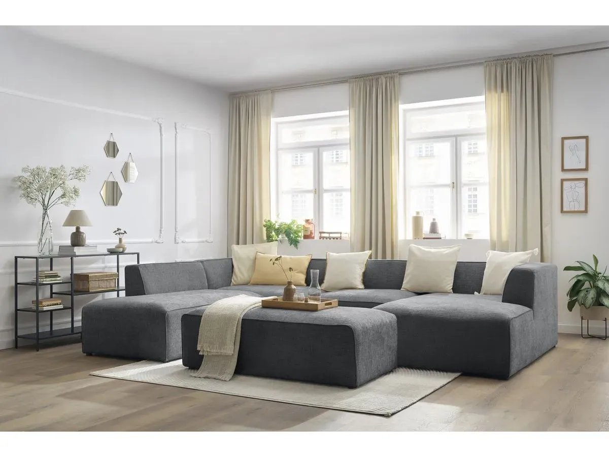Canapé panoramique fixe MEGEVE avec pouf tissu texturé gris foncé  angle droit BOBOCHIC 6 places