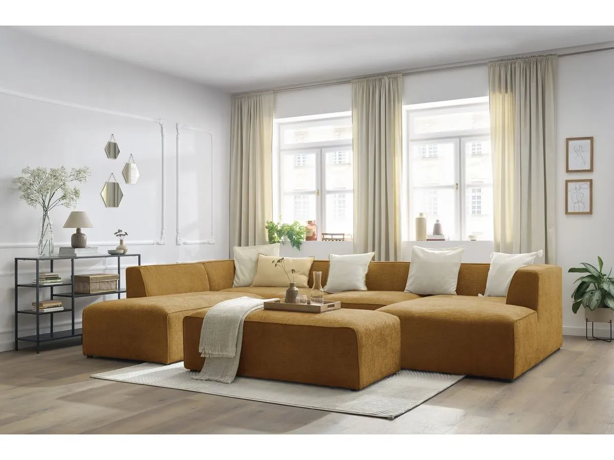 Canapé panoramique fixe MEGEVE avec pouf tissu texturé jaune  angle droit BOBOCHIC 6 places