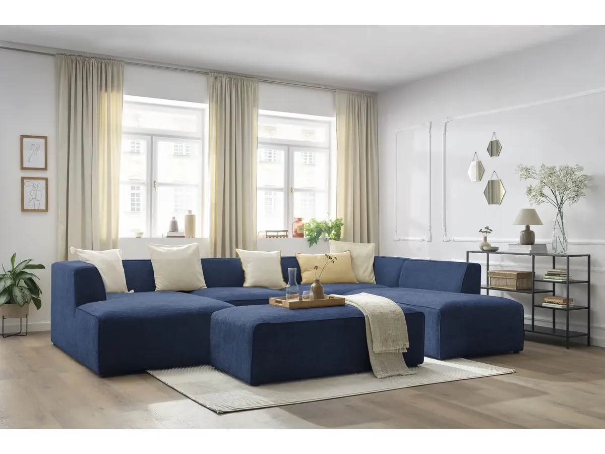 Canapé panoramique fixe MEGEVE avec pouf tissu texturé bleu foncé  angle gauche BOBOCHIC 6 places