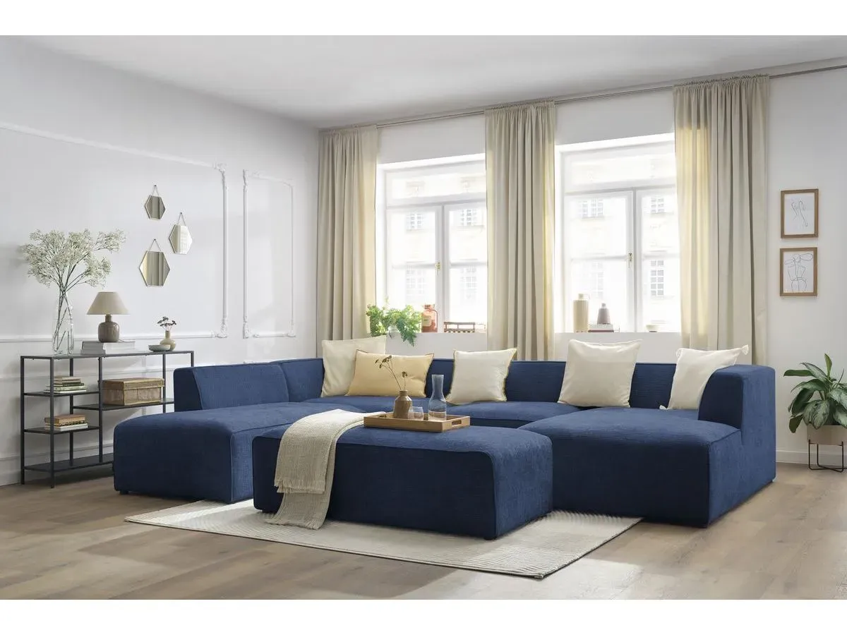 Canapé panoramique fixe MEGEVE avec pouf tissu texturé bleu foncé  angle droit BOBOCHIC 6 places