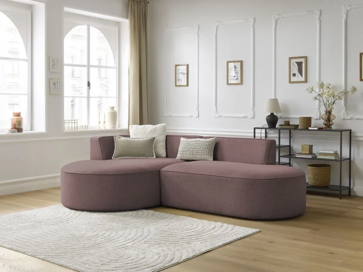 Canapé d'angle fixe ROUSSEAU tissu chiné rose  angle gauche BOBOCHIC 4 places