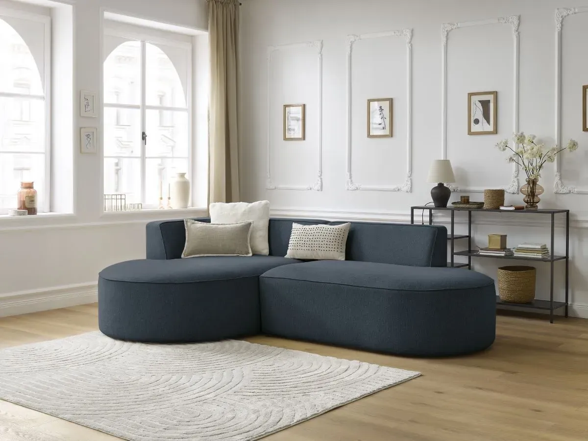 Canapé d'angle fixe ROUSSEAU tissu chiné bleu foncé  angle gauche BOBOCHIC 4 places