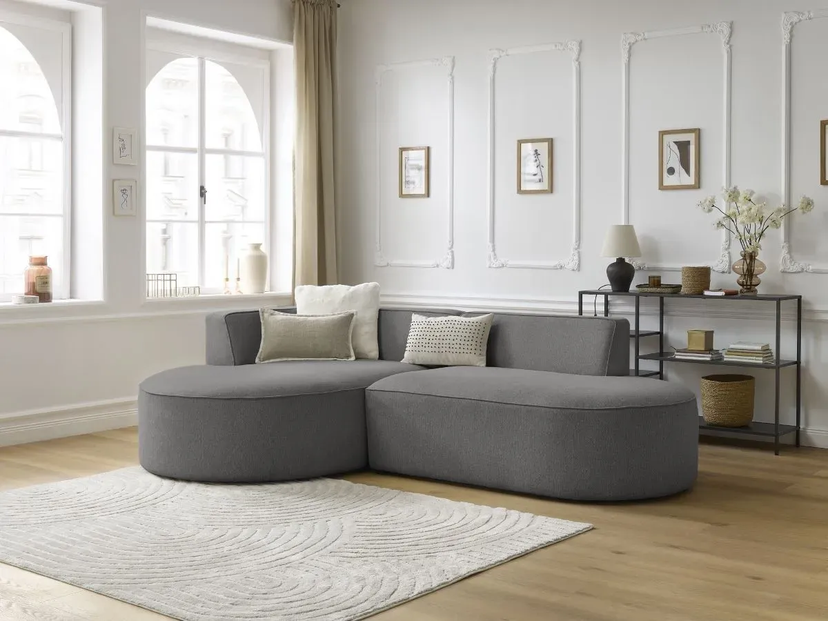 Canapé d'angle fixe ROUSSEAU tissu chiné gris foncé  angle gauche BOBOCHIC 4 places