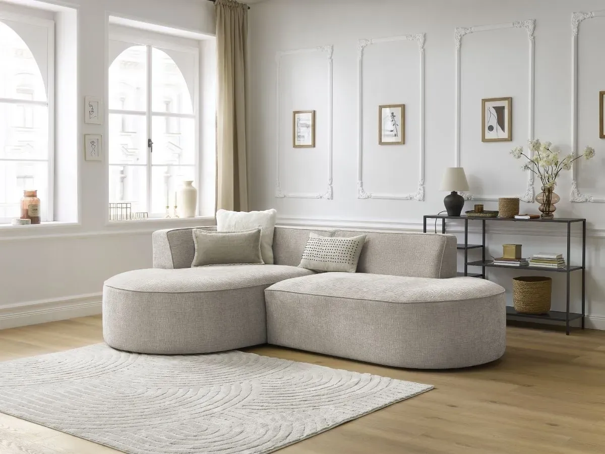 Canapé d'angle fixe ROUSSEAU tissu texturé beige  angle gauche BOBOCHIC 4 places