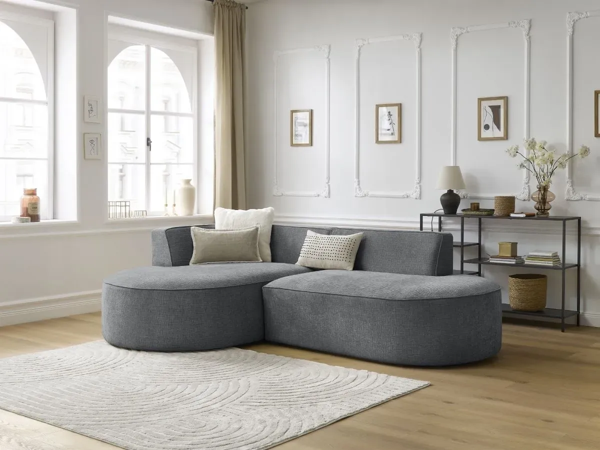 Canapé d'angle fixe ROUSSEAU tissu texturé gris foncé  angle gauche BOBOCHIC 4 places