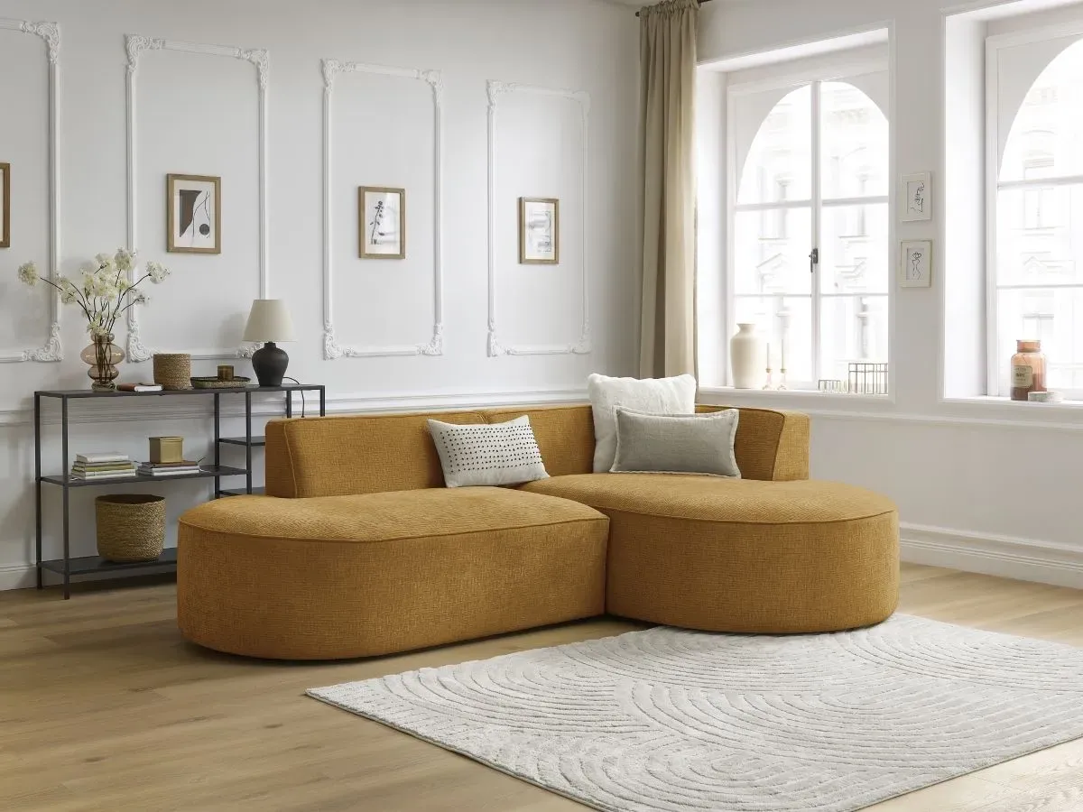 Canapé d'angle fixe ROUSSEAU tissu texturé jaune  angle droit BOBOCHIC 4 places