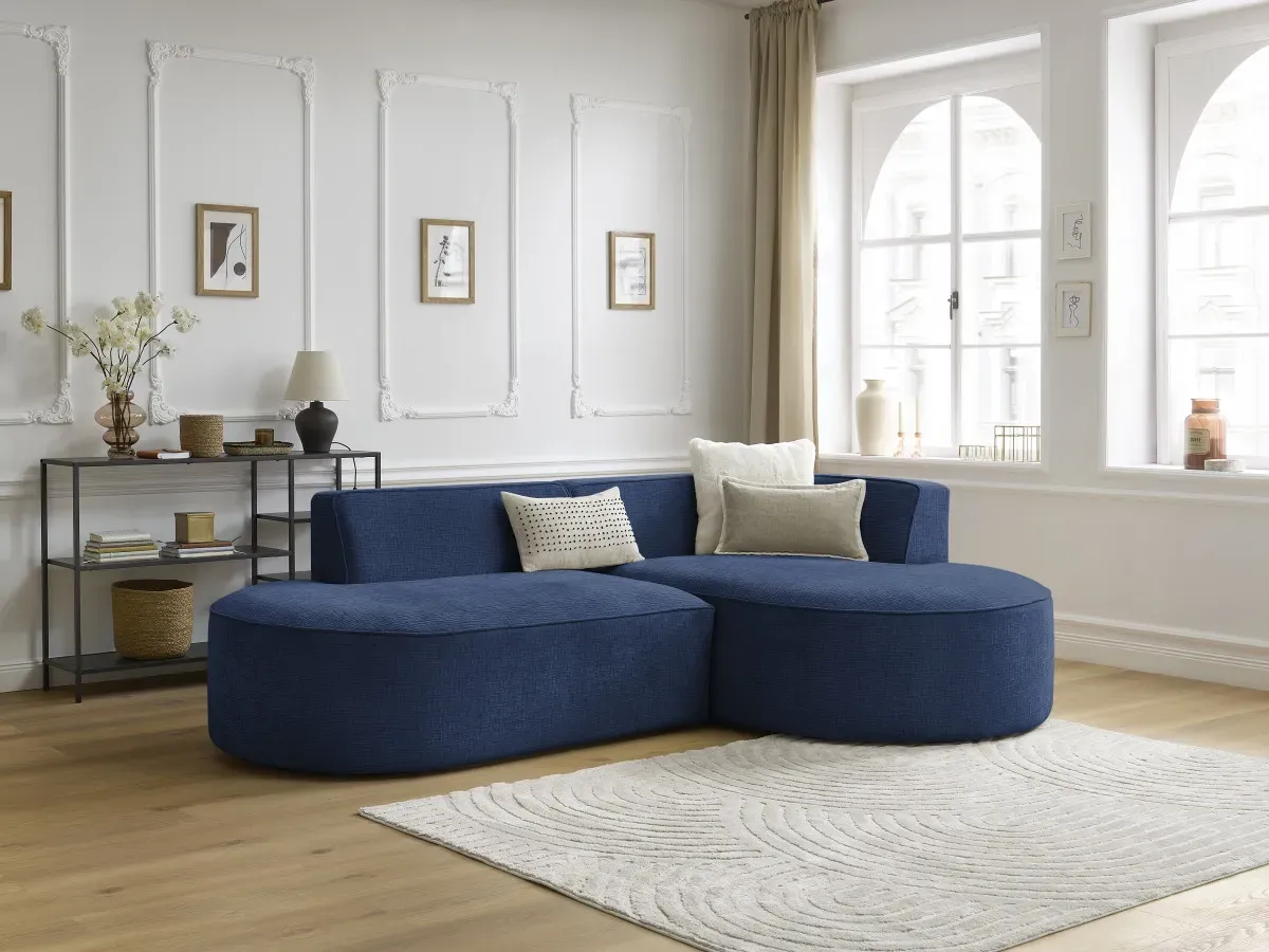 Canapé d'angle fixe ROUSSEAU tissu texturé bleu foncé  angle droit BOBOCHIC 4 places