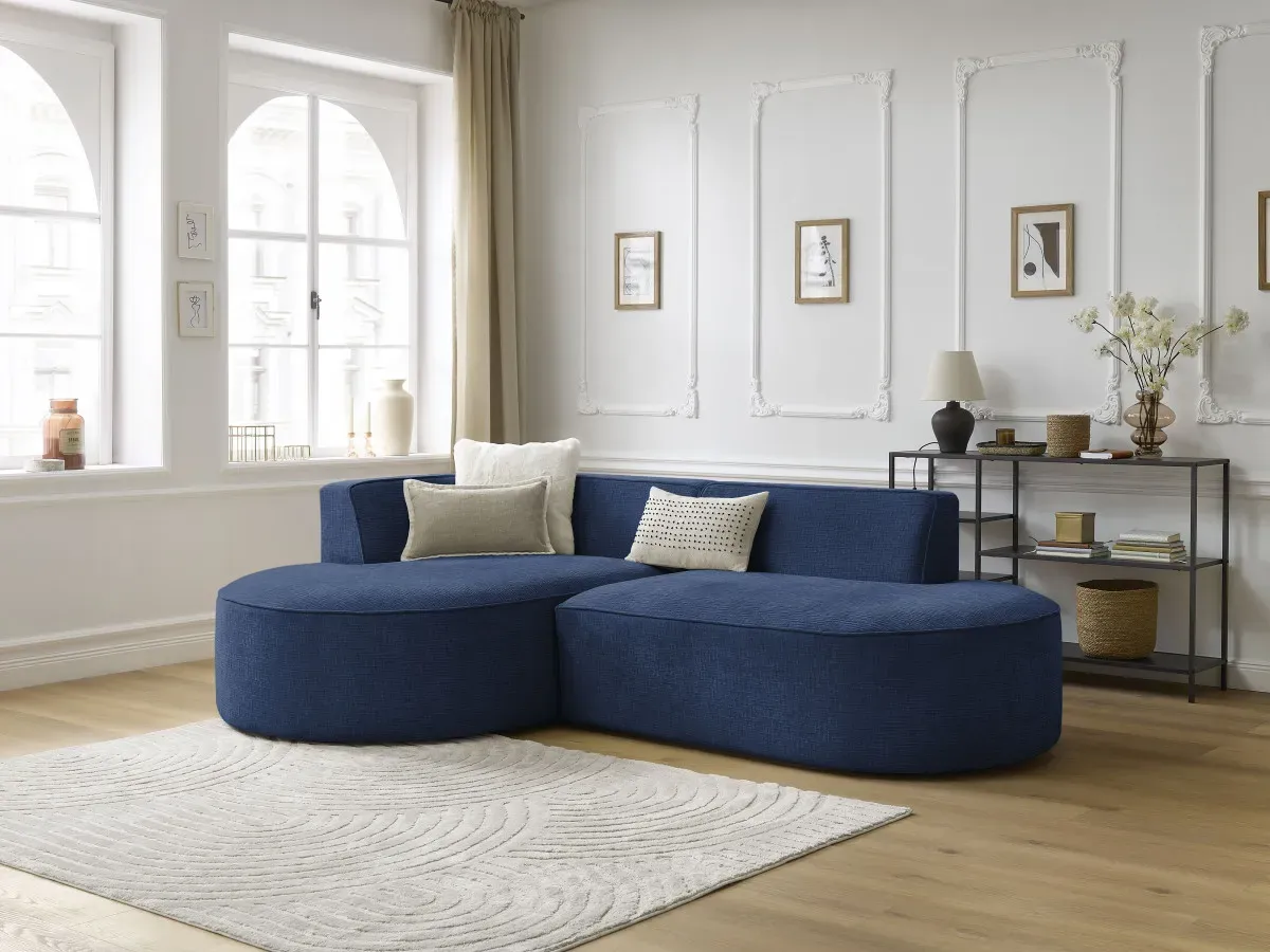 Canapé d'angle fixe ROUSSEAU tissu texturé bleu foncé  angle gauche BOBOCHIC 4 places