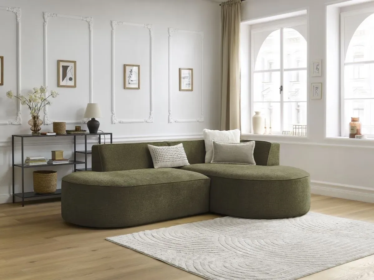 Canapé d'angle fixe ROUSSEAU tissu texturé vert  angle droit BOBOCHIC 4 places