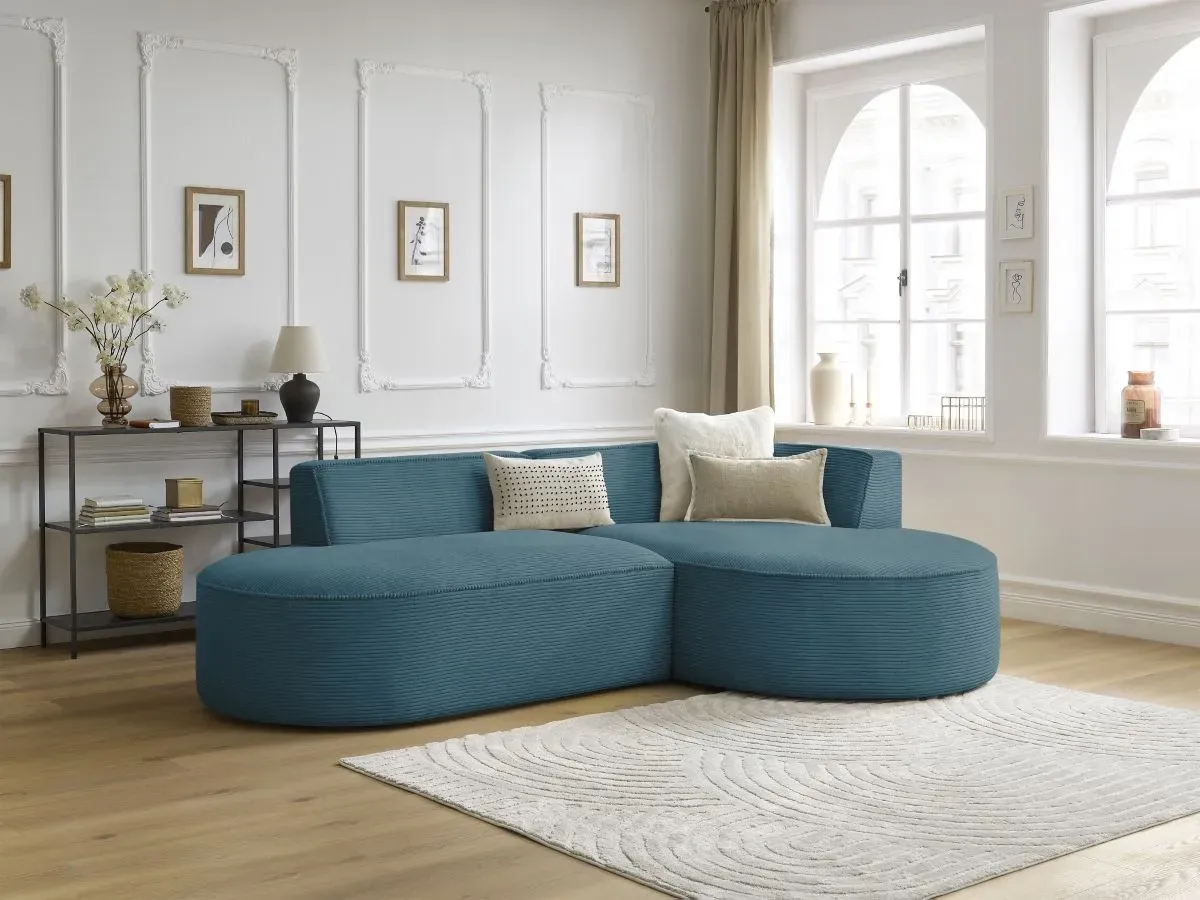 Canapé d'angle fixe ROUSSEAU velours côtelé bleu foncé  angle droit BOBOCHIC 4 places