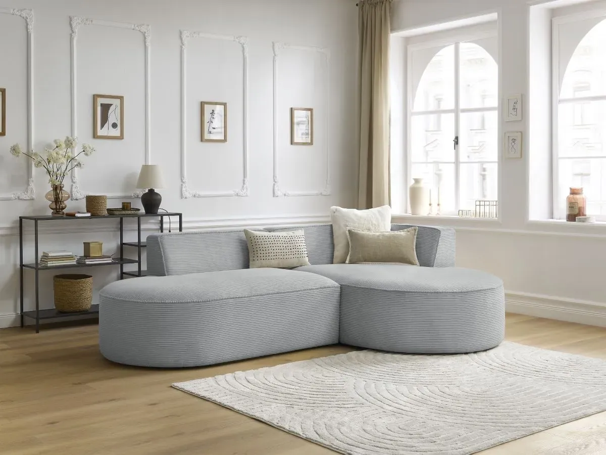 Canapé d'angle fixe ROUSSEAU velours côtelé gris clair  angle droit BOBOCHIC 4 places