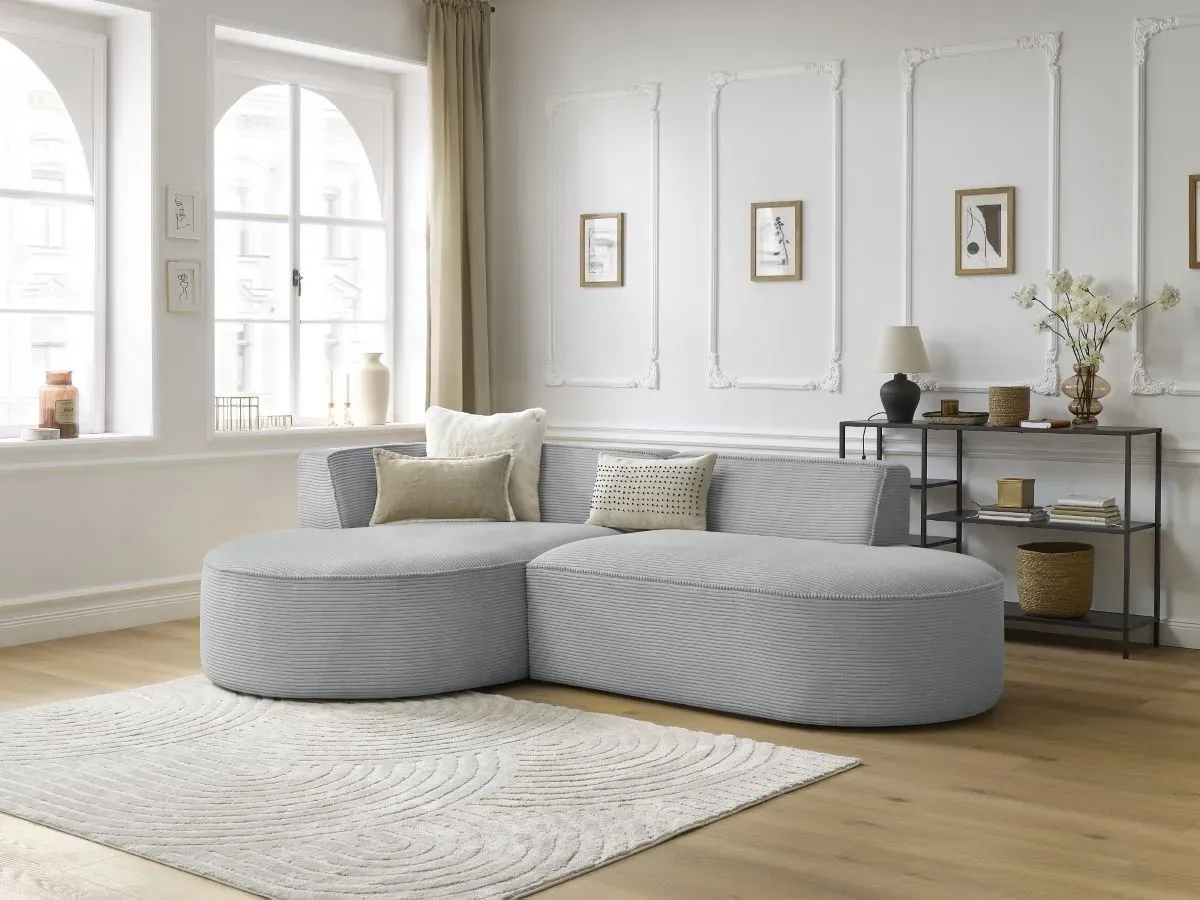 Canapé d'angle fixe ROUSSEAU velours côtelé gris clair  angle gauche BOBOCHIC 4 places