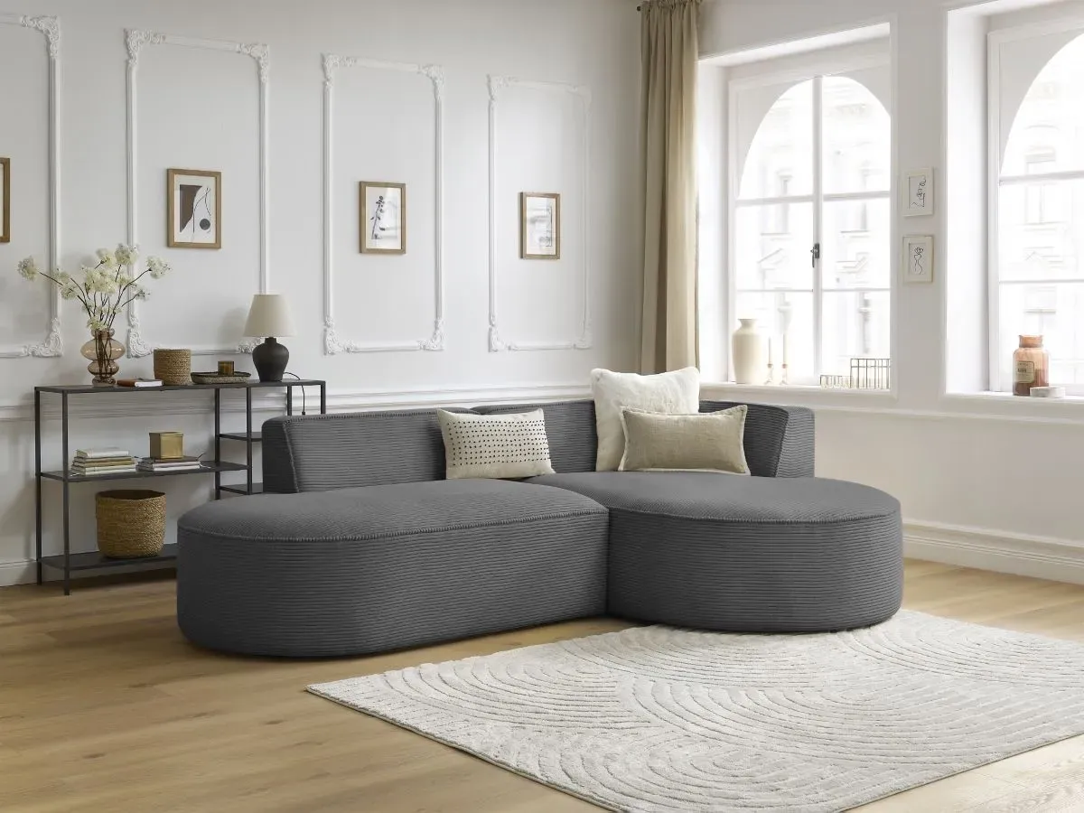 Canapé d'angle fixe ROUSSEAU velours côtelé gris foncé  angle droit BOBOCHIC 4 places