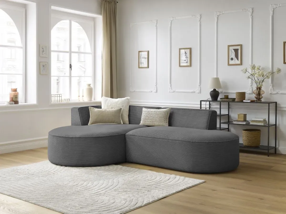 Canapé d'angle fixe ROUSSEAU velours côtelé gris foncé  angle gauche BOBOCHIC 4 places