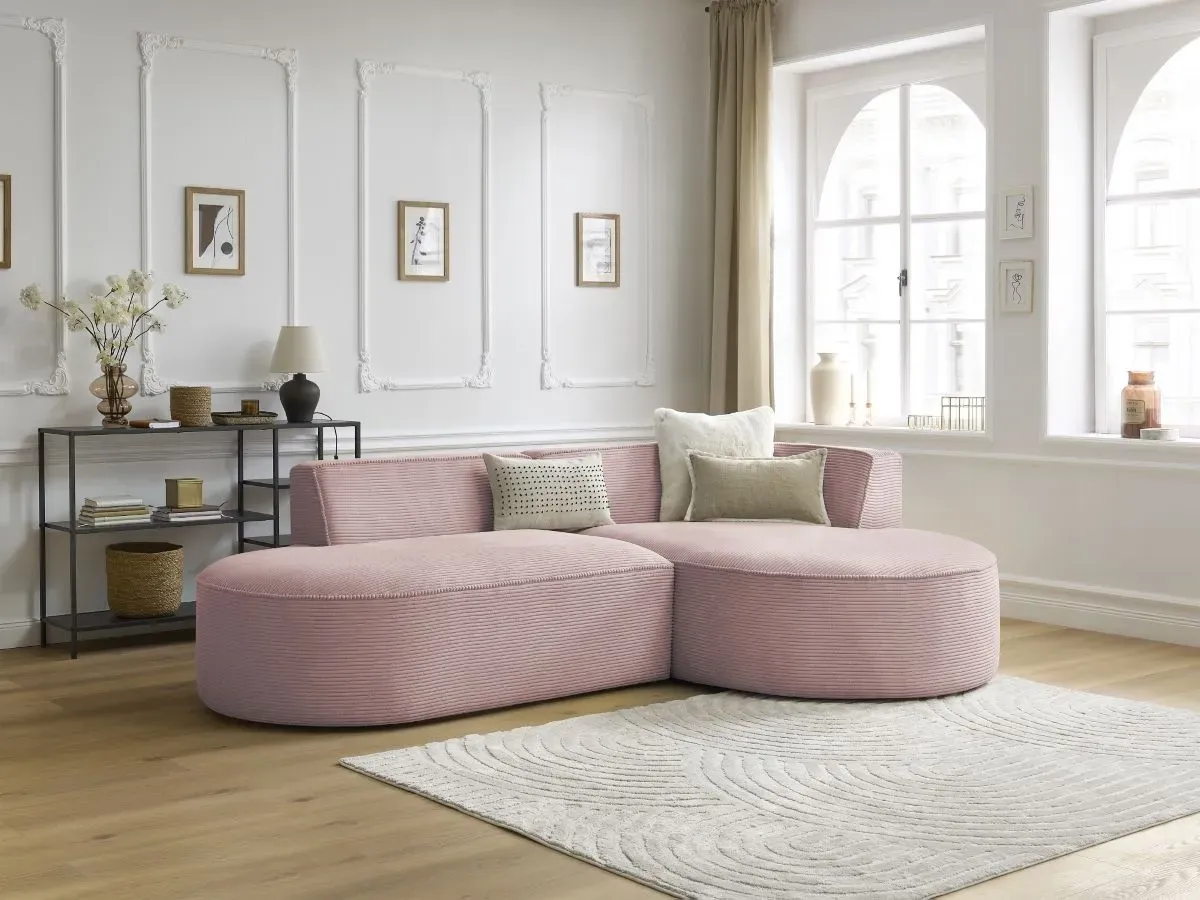 Canapé d'angle fixe ROUSSEAU velours côtelé violet  angle droit BOBOCHIC 4 places