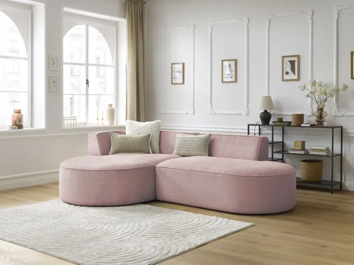 Canapé d'angle fixe ROUSSEAU velours côtelé violet  angle gauche BOBOCHIC 4 places