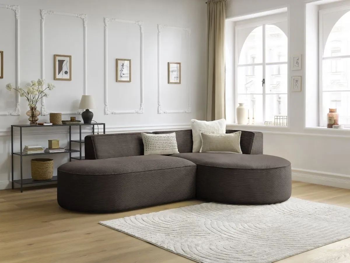 Canapé d'angle fixe ROUSSEAU velours côtelé marron  angle droit BOBOCHIC 4 places