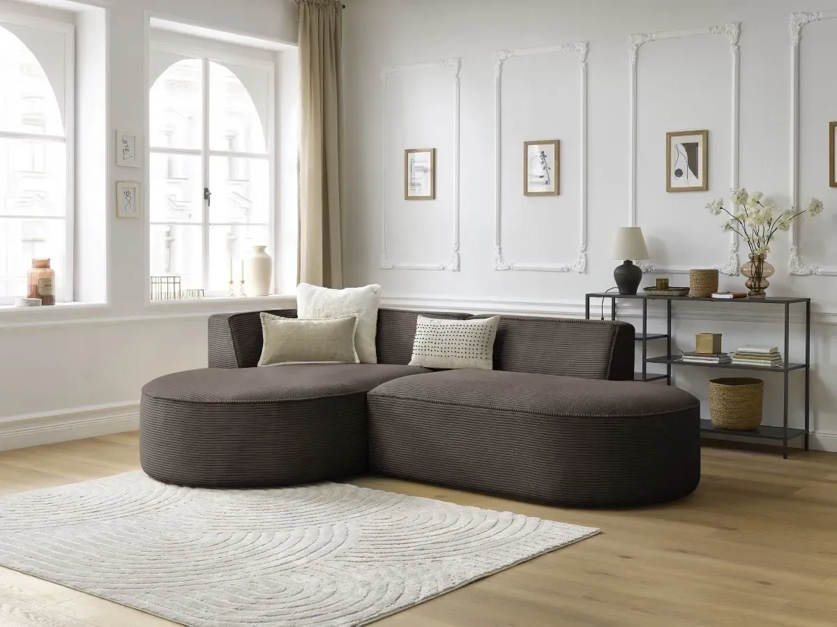 Canapé d'angle fixe ROUSSEAU velours côtelé marron  angle gauche BOBOCHIC 4 places