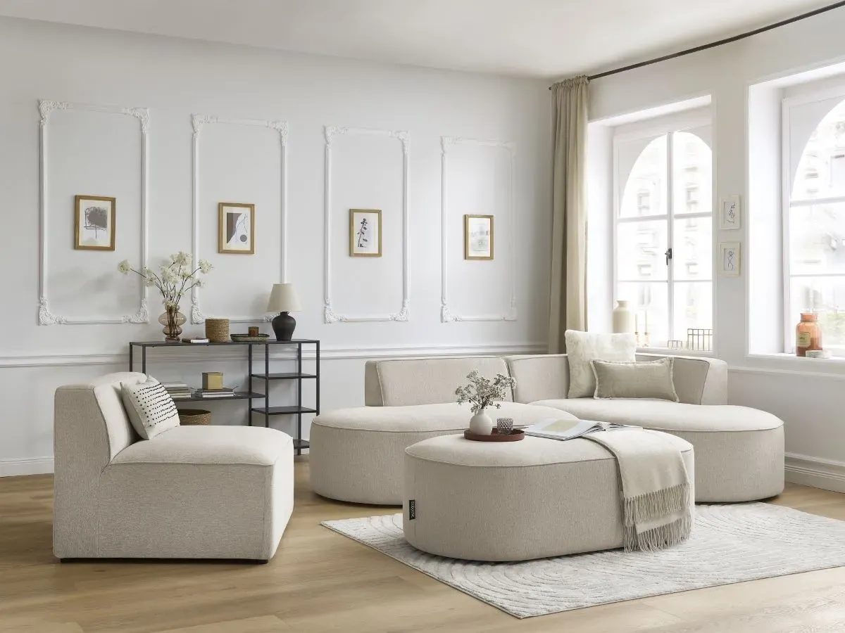 Canapé d'angle fixe modulable ROUSSEAU tissu chiné avec 1 chauffeuse et 1 pouf beige  angle droit BOBOCHIC 6 places