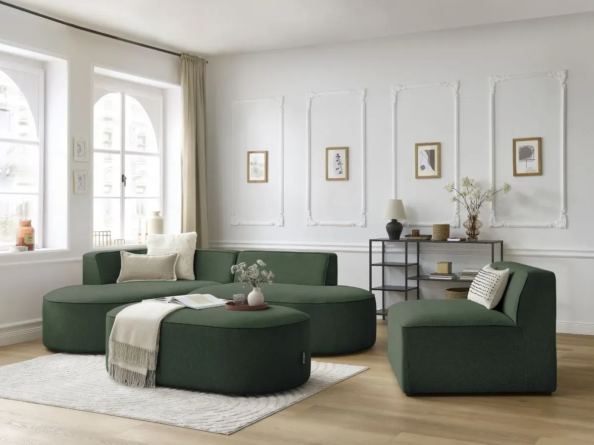 Canapé d'angle fixe modulable ROUSSEAU tissu chiné avec 1 chauffeuse et 1 pouf vert  angle gauche BOBOCHIC 6 places