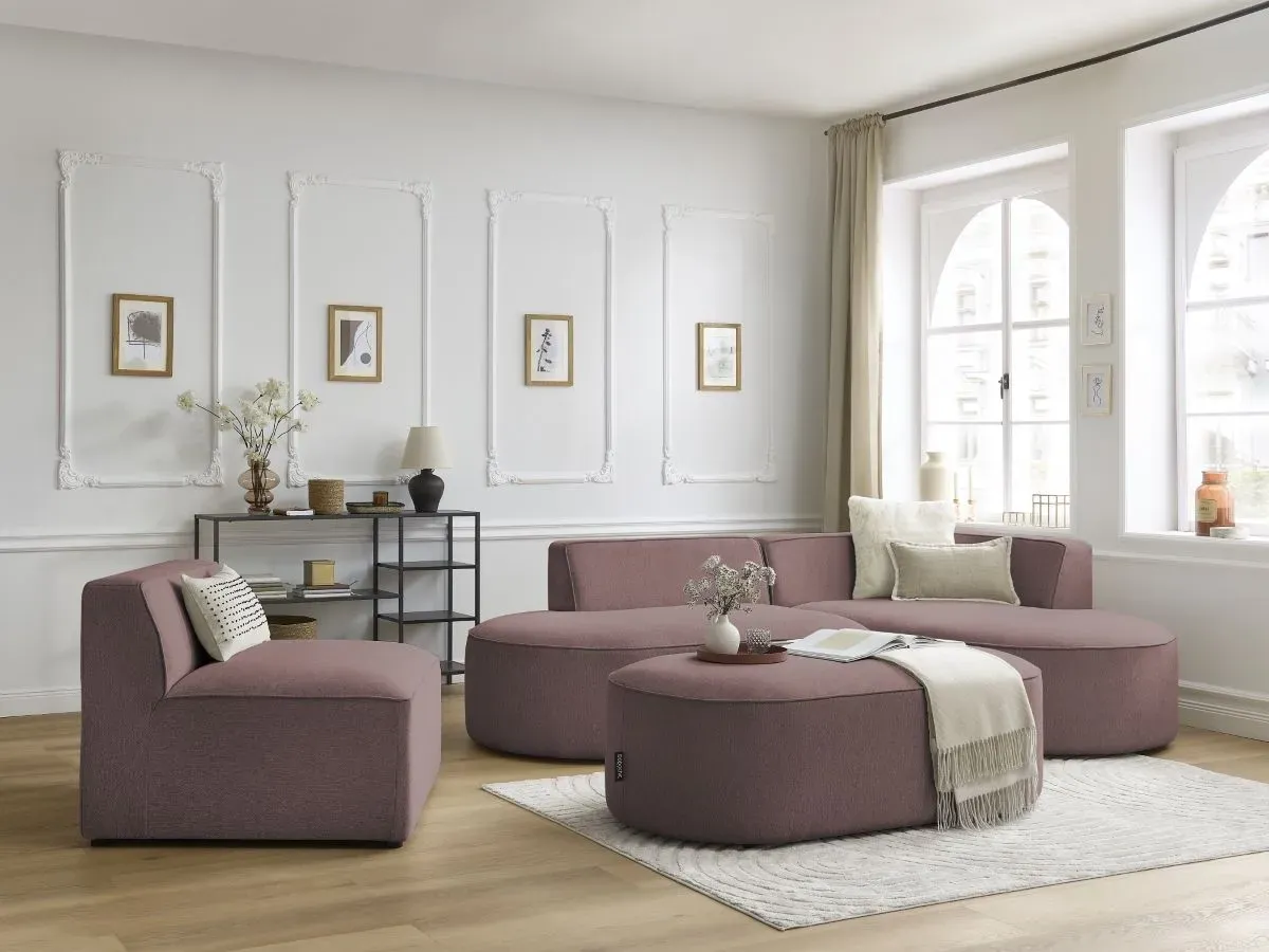Canapé d'angle fixe modulable ROUSSEAU tissu chiné avec 1 chauffeuse et 1 pouf rose  angle droit BOBOCHIC 6 places